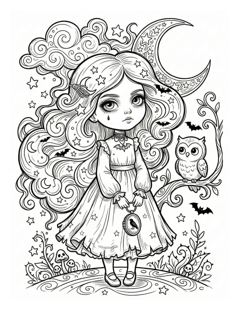 Spooky Cute Gothic Girl Free Coloring Page
