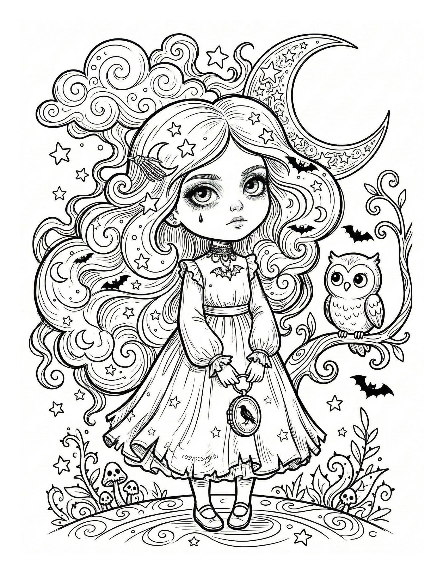 Spooky Cute Gothic Girl Free Coloring Page